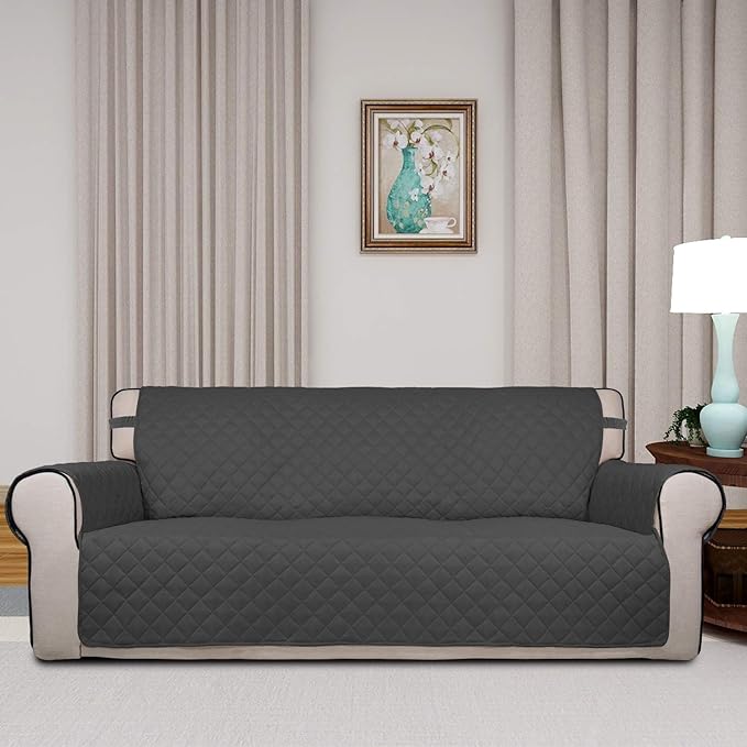 PureFit Reversible Quilted Sofa Cover, Water Resistant Slipcover Furniture Protector, Washable Couch Cover with Non Slip and Elastic Straps for Kids, Dogs, Pets (Sofa, Dark Gray/Beige)