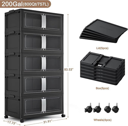 BROVIEW 800QT Stackable Storage Bins with Lids, 200Gal Extra Large Collapsible Storage Box with Wheel, Plastic Storages with Clear Door Open Front for Home Kitchen Garage, Black-5pack(5 lids)