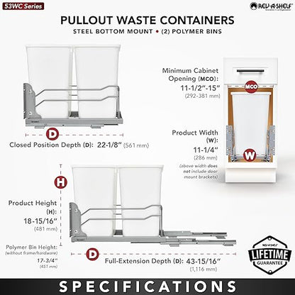 Rev-A-Shelf Double Pull-Out Trash Can for Under Kitchen Cabinets 27 Quart 12.5 Gallon with Soft-Close Slides, White, 53WC-1527SCDM-211