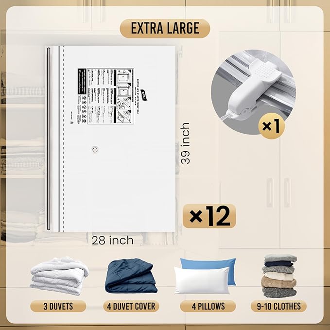 TAILI 12 Pack Vacuum Storage Bags, LONG SIDE ZIP (39x28 inch) Vacuum Seal Bags for Clothing, Jumbo Storage Space Saver for Beddings, Comforters, Blanket, Pillows and Clothes