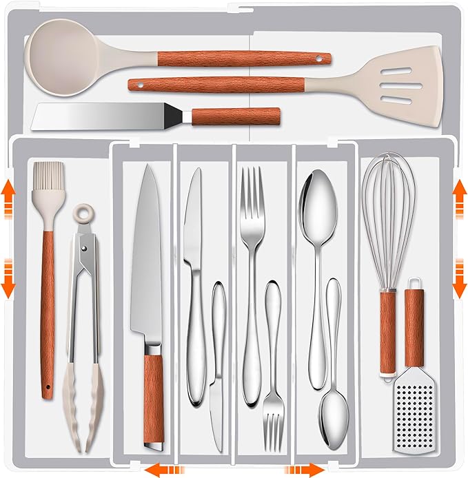 Expandable Large Silverware Organizer - BPA-Free Utensil Organizer for Kitchen Drawer, Adjustable Silverware Drawer Organizer Flatware Cutlery Tray for Spoons Forks Knives,10.2"-17.2" Wide