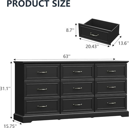 9 Drawer Dresser for Bedroom, 63" Wide Wooden Chest of Drawers, Rustic Farmhouse Dresser with Large Drawers & Metal Handles, Modern Storage Organizer for Closet, Living Room, Hallway, Black