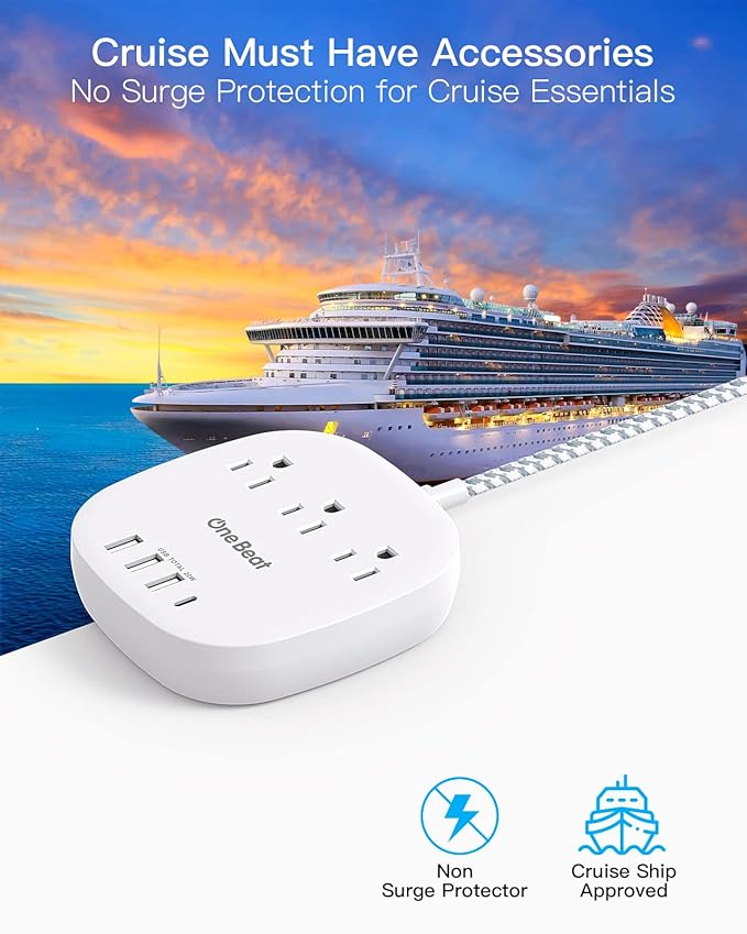 PD 20W USB C 3 Outlet 4 USB Ports Flat Plug Power Strip No Surge Protector for Cruise Ship Travel, 5 ft Long Extension Cords, Power Delivery, Desktop Power Strip for Dorm Home Office