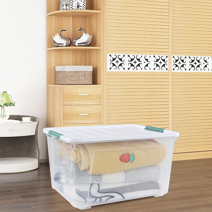80 L Large Clear View Plastic Storage Bin with Lid and Secure Latching Buckles, 4-Pack Wheeled Clear Storage Boxes