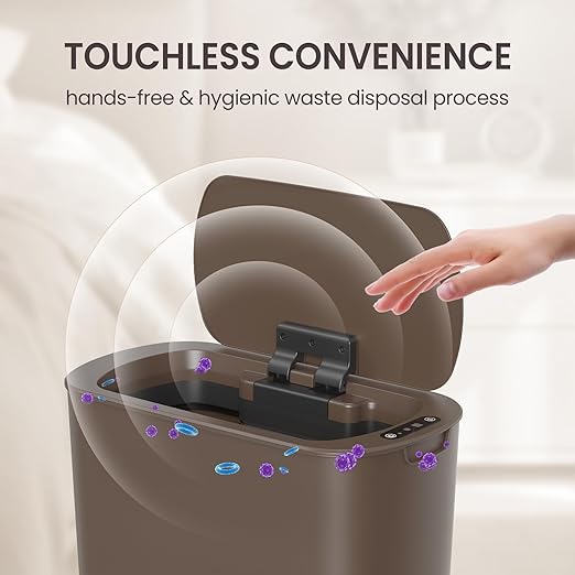 Cesun Motion Sensor Trash Can, 5 Gallon Automatic Bathroom Garbage Can with Lid, Touchless Smart Plastic Slim Wastebasket for Bathroom, Office, rv, Bedroom, Living Room, Brown