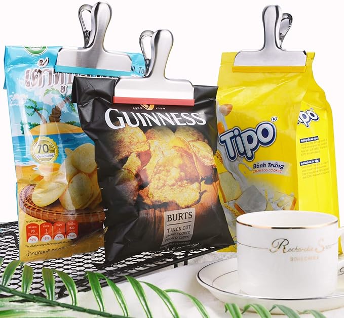 HOUSE AGAIN 8 Pack Stainless Steel Chip Bag Clips Covered with Silicone - NO More Sharp Edges - Color Coded for Food Bags - Air Tight Seal, Heavy Duty for Kitchen and Office, 3 Inches