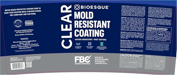 Bioesque Mold Resistant Coating, Water-Resistant, Stain-Blocking, Fast-Drying Formula, Clear, 5 Gallon (Pack of 1)
