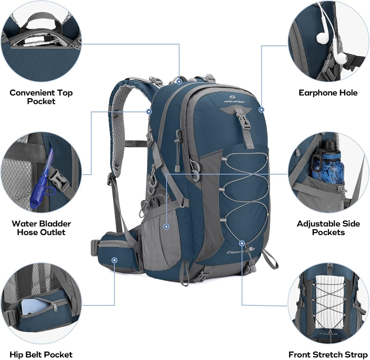 Maelstrom Hiking Backpack,Camping Backpack,50L Waterproof Hiking Daypack with Rain Cover,Lightweight Travel Backpack,Blue