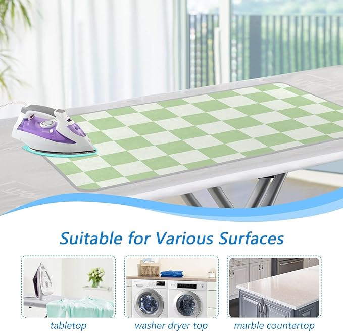 Checkered Mint Green White Plaid Ironing Mat for Table top Portable Ironing Pad Blanket for Washer Dryer Countertop Travel