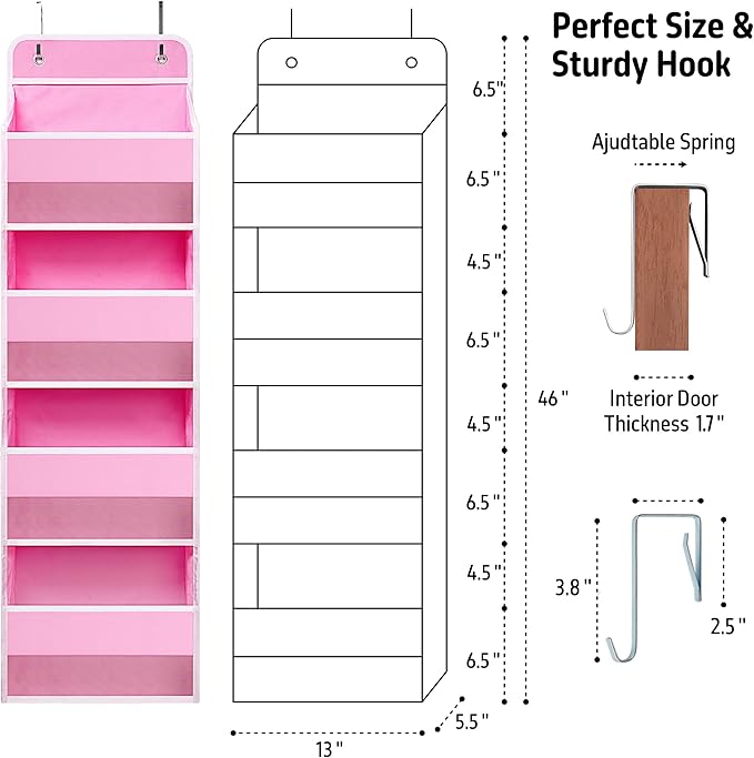 Over The Door Hanging Organizer with 4 Large Pockets – Closet, Bathroom, Nursery, Bedroom, Dorm Storage for Toys, Cosmetics, and Baby Essentials, Pink