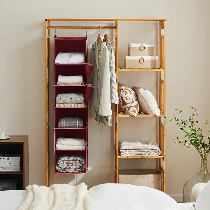 YOUDENOVA Hanging Closet Organizer and Storage, 6-Shelf Closet Hanging Storage Shelves, Dark Red