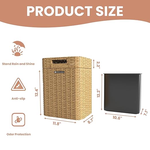 Ypati Handwoven 4 Gallon Rattan Trash Can with Lid, Boho Style Decorative Indoor and Outdoor Trash Bin with Shelf, Waste Basket for Bathroom, Patio, Study, with Trash Bags, Bohemian Yellow, Eureka