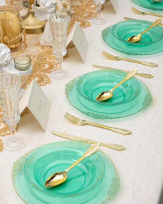 100 Pack Clear Green Plastic Bowls with Gold Rim, 12oz Plastic Salad Bowl, Disposable Bowls for Party, Dinners, Weddings, Christmas, Thanksgiving