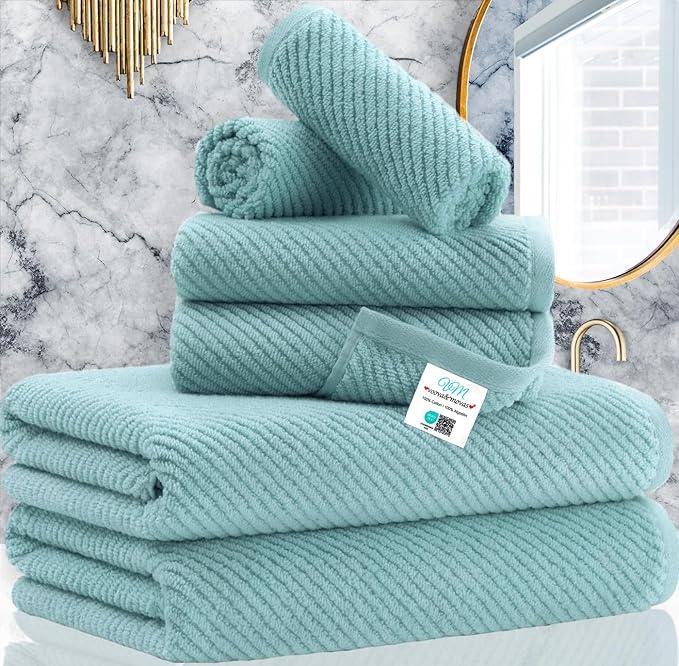 Towels for Bathroom - 100% Cotton | Lightweight | Thick | Soft, Quick Dry Towels, Bath Towel Set of 6 Large, 2 Bath 30"x56", 2 Hand 18"x28", 2 Washcloths 13"x13", Luxury Shower Towel Set, Aqua Teal