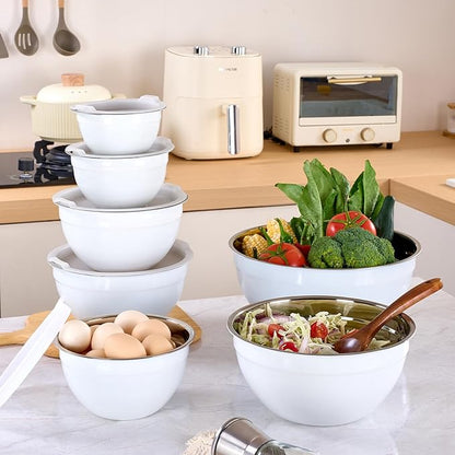 White Mixing Bowls with Lids Set of 7, Stainless Steel Nesting Bowl with Khaki Lid for Non-slip Mixing Prepping Storing Serving, 7 Sizes-7/3.6/2.7/2.1/1.5/1/0.8 QT