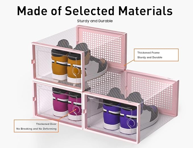 Kuject X-Large Shoe Storage Boxes Organizers Clear Plastic Stackable 12 Pack, Shoe Rack & Holder Substitute, Sneaker Containers, Toy Storage Organizer Bins for Entryway, Closet, Under Bed, Pink