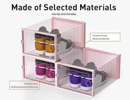 Kuject X-Large Shoe Storage Boxes Organizers Clear Plastic Stackable 12 Pack, Shoe Rack & Holder Substitute, Sneaker Containers, Toy Storage Organizer Bins for Entryway, Closet, Under Bed, Pink