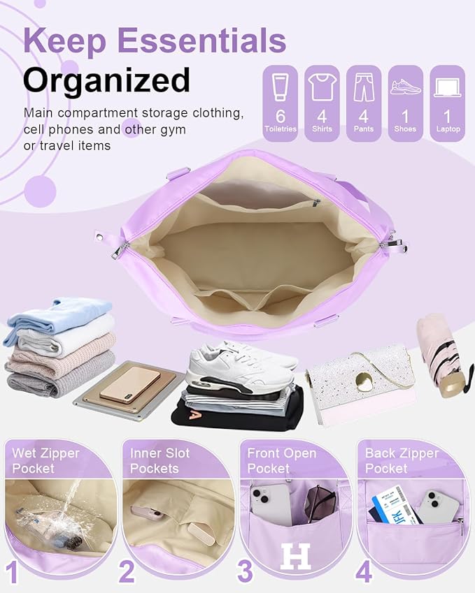 Daughter Niece Gifts for Teen Girl Kids, Initial Travel Duffel Bag Sports Gym Bag Personalized Gifts Weekender Bag，Monogram Overnight Bag Cute Dance Bag Birthday Bridesmaid Gifts for Women(Purple, H)