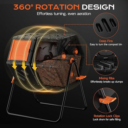 Compost Bin Outdoor 45 Gallon/170L, Fast Assemble Compost Tumbler, 360°Rotating Dual Chamber Large Composter for Outside, Garden, Backyard, and Yard
