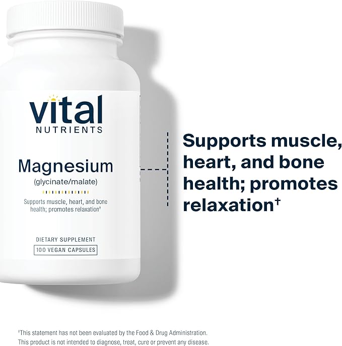 Vital Nutrients Magnesium Glycinate + Malate | 120mg Vegan Magnesium Supplement for Women and Men | Muscle, Heart, Bone Support* | Promotes Relaxation | Gluten, Dairy and Soy Free | 100 Capsules