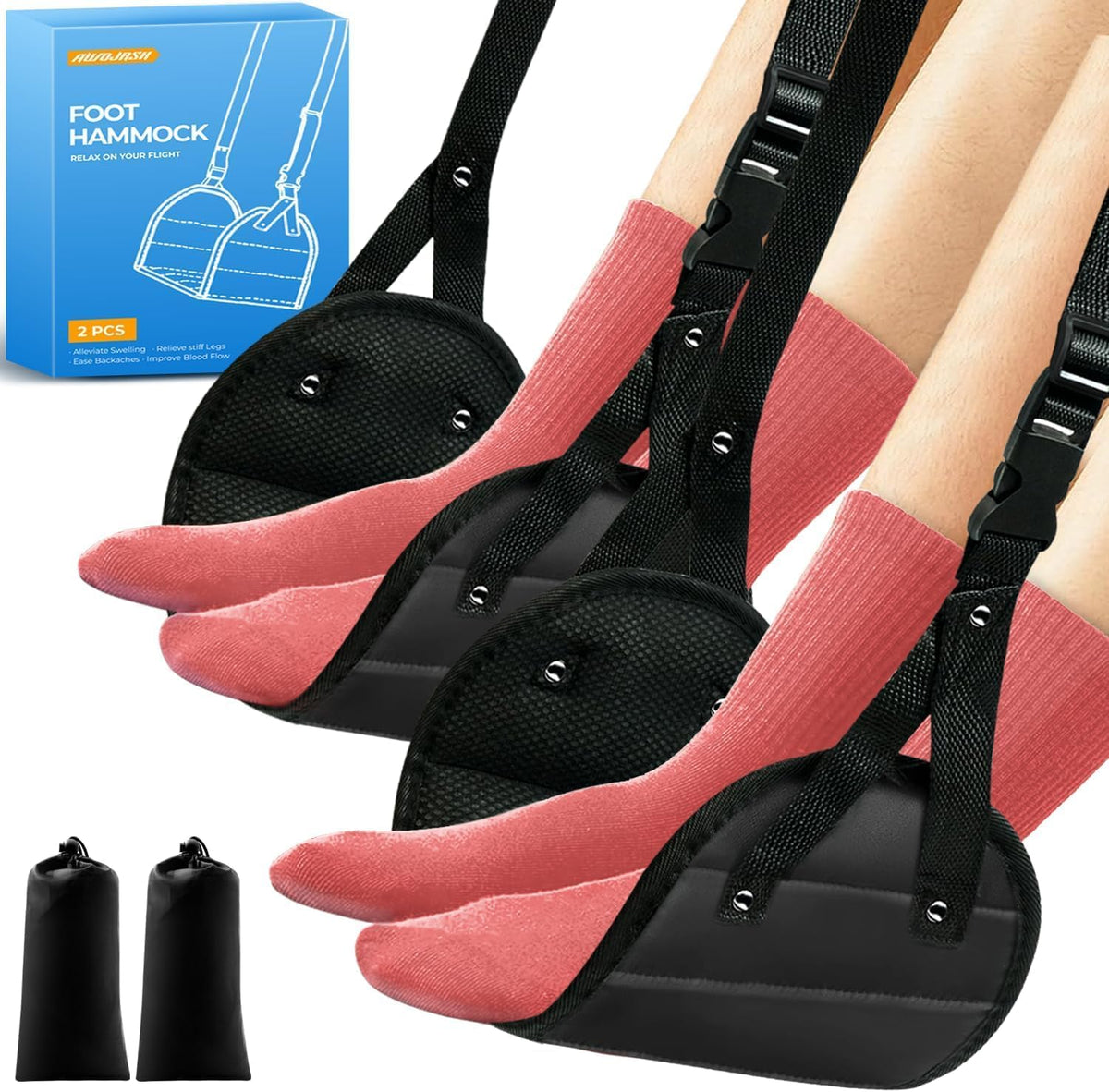 2-Pack Airplane Foot Hammock, Portable Leg Rest with Removable Cushion, Travel Essentials for Women and Men, Ergonomic Support for Car & Home
