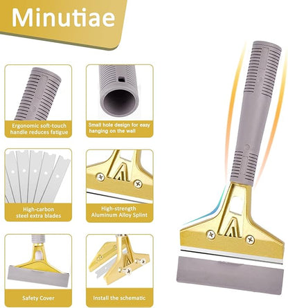 Razor Blade Scraper,Floor Scraper Tool with 30PCS Extra Blades,Paint Scraper Ideal for Cleaning Stove Top,Windows,Glass,Tiles,Wall,Labels.(4 in,Metal)