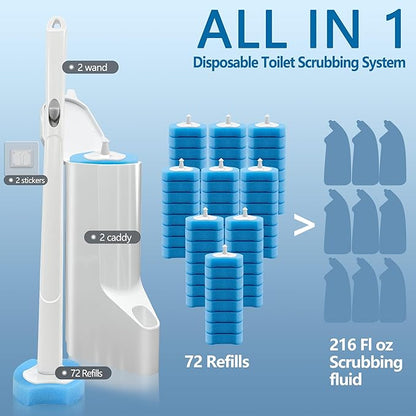Disposable Toilet Bowl Brush and Holder, Toilet Cleaning System-2 Toilet Bowl Wand, 2 Storage Caddy&72 Toilet Brush Refills for Effective Deep Scrub Toilet, Wall-Mount Toilet Brush, 2 Pack.