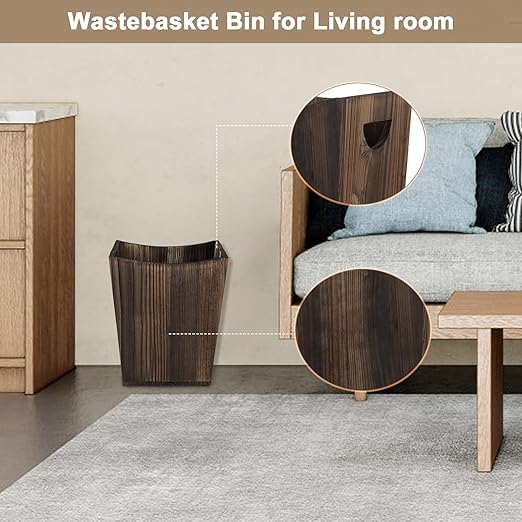 SEHERTIWY Wood Trash Can, Farmhouse Wastebasket Bin for Bathroom, Office, Bedroom, Living Room, Small Square Rustic Garbage Container (Wood-Brown)