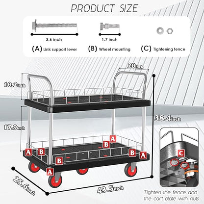 Utility Service Cart 2 Shelf - 880lbs Capacity Heavy-Duty Plastic Rolling Utility Carts with 5 of 360° Swivel Wheels and Handle, Large Service Cart for Groceries, Warehouse,Garage 43.5''x25.6''