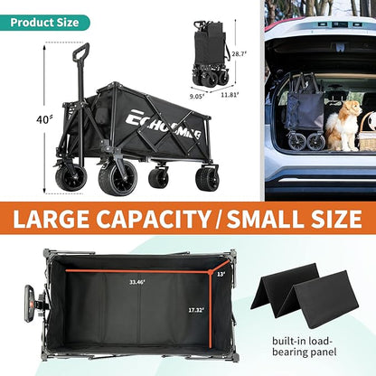 EchoSmile Collapsible Folding Wagon Cart with Compact Storage - 400LBS Capacity All Terrain Utility Cart for Camping, Beach, Grocery, Gardening - Black Outdoor Wagon