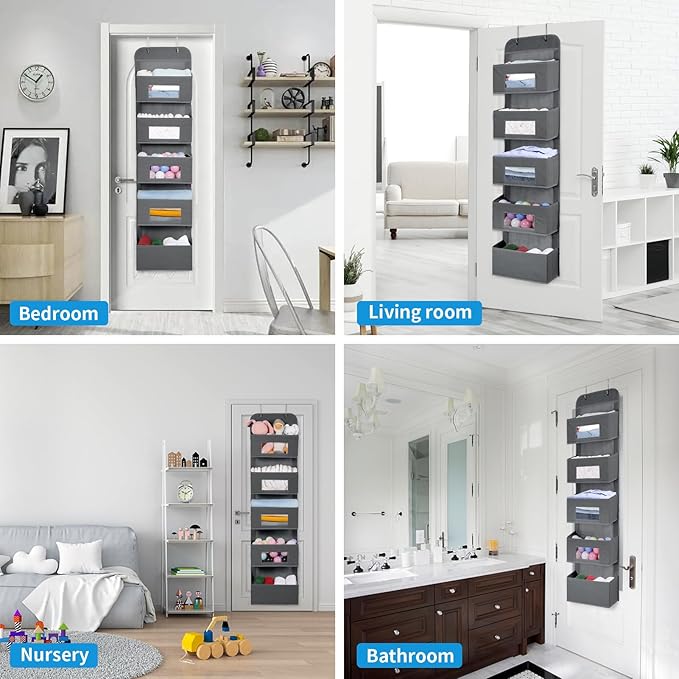 5-Shelf Over The Door Hanging Organizer with 2 Metal Hooks，5 Pocket Over The Door Wall Mount Storage with Clear Windows for Baby Nursery Bathroom Closet,Bedroom,Dorm (Gray-2 Pack)