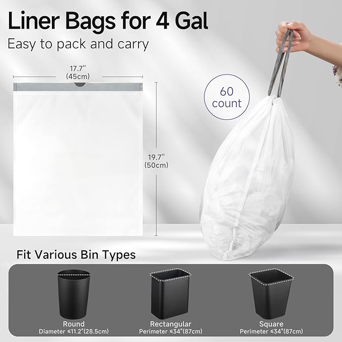 Drawstring 4 Gallon Trash Bags, Pre-Cut Strong Wastebasket Bin Liners, White Garbage Bags for Home, Office, Bathroom (Code D, 60 Count)
