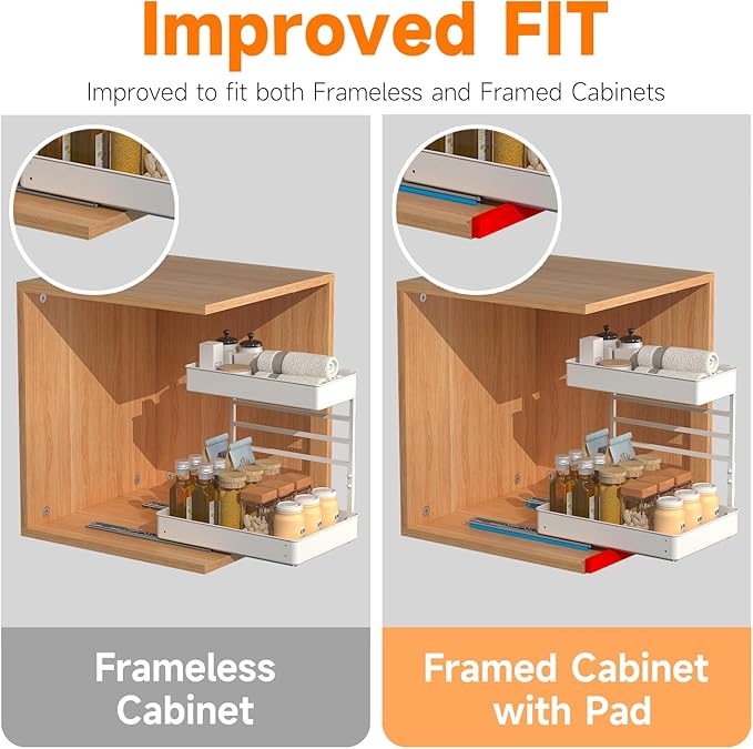 EVERIE Height Adjustable 2 Tier Metal Pull Out Slide Shelf Organizer for Framed or Frameless Under Sink Cabinets in Kitchen, Bathroom, with Snap-on Top Tray (White, 2 Sets)