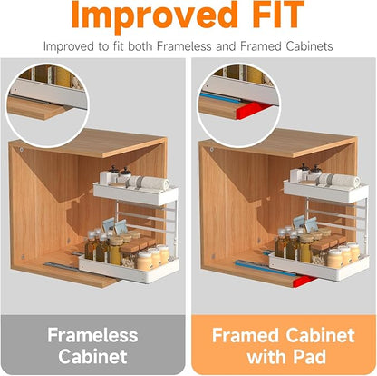 EVERIE Height Adjustable 2 Tier Metal Pull Out Slide Shelf Organizer for Framed or Frameless Under Sink Cabinets in Kitchen, Bathroom, with Snap-on Top Tray (White, 2 Sets)