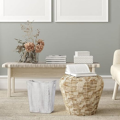 SEHERTIWY Wood Trash Can, Farmhouse Wastebasket Bin for Bathroom, Office, Bedroom, Living Room, Small Square Rustic Garbage Container (Wood-White)