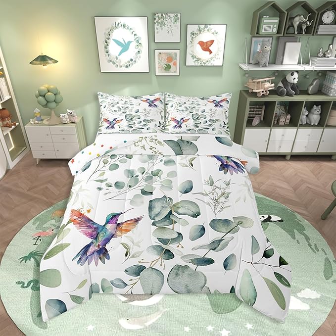 Erosebridal Cartoon Hummingbird Bedding Toddler Size Wildlife Bird Comforter Set, Plant Duvet Insert Eucalyptus Leaf Quilt Comforter, Jungle Animal Theme Bedding Comforters & Sets Kids Room Decor