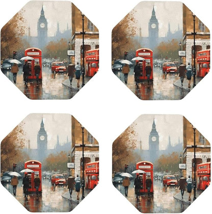 4Pcs Leather Coaster for Drinks London Impression Cup Coasters Aesthetic Drink