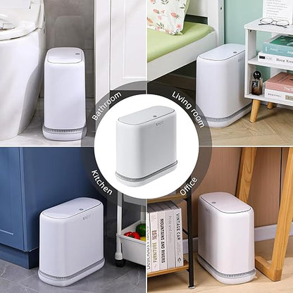 funest Bathroom Trash Can, 3.3 Gallon Slim Trash Can with Lid, Adsorption Garbage Can with Press-Top Lid, Small White Narrow Plastic Trash Bin for Bathroom, Office, Bedroom, Living Room
