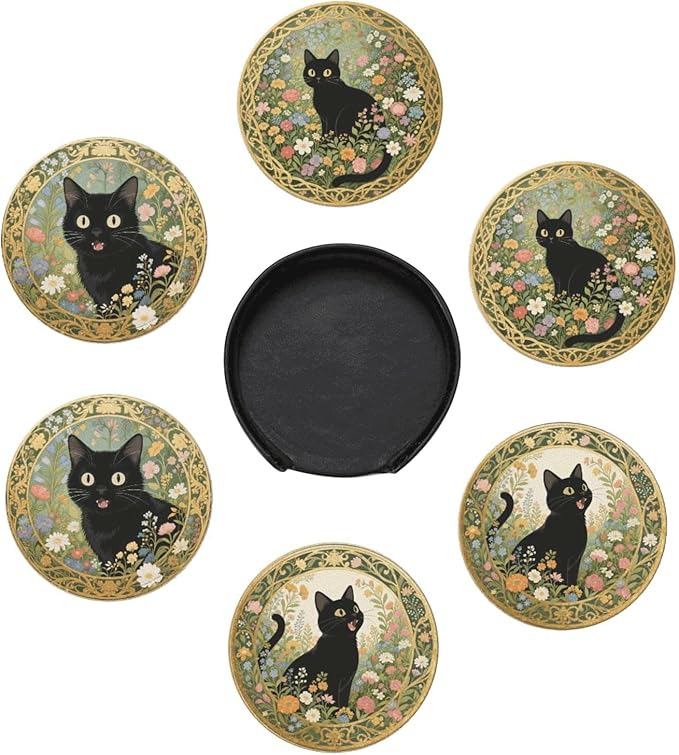 6 Pcs Black Cat Flower Drink Coasters