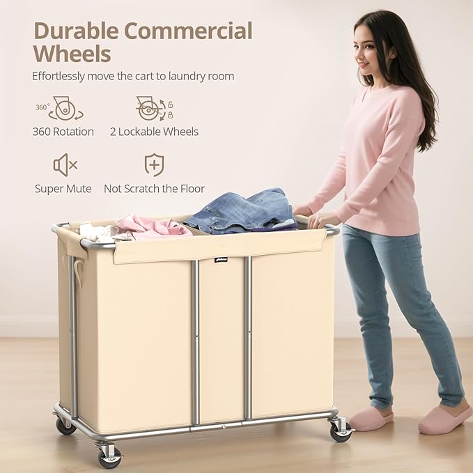 230L Rolling Laundry Hamper, 2-Section Laundry Basket with Wheels, 61 Gallons Laundry Sorter with Metal Structure and Removable Liner, Clothes Hamper for Laundry Room, Bathroom, Bedroom, Beige