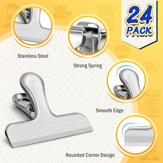 VNDUEEY 24 Pack Stainless Steel Chip Clips, Bag Clips for Food, Heavy Duty Snack Clip Clip to Seal Coffee Bags, Ideal for Office Kitchen Use, Binder Clips Large - 3 Inches, Silver