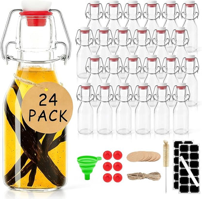 Ruckae 24 Pack 4oz Swing Top Glass Bottles with Lids Kombucha Coquito Flip Top Glass Bottle for Syrup Vanilla Extract Brew Beer Kefir Air Tight Bottles for Gift (4 oz 24 pack)
