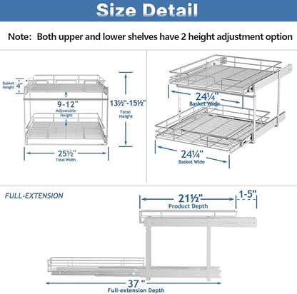 2 Tier Individual Pull Out Cabinet Organizer 25½" W x 21½" D, Heavy Duty Cabinet Pull Out Shelves, Slide Out Drawers Organization for Kitchen Cabinets Bathroom