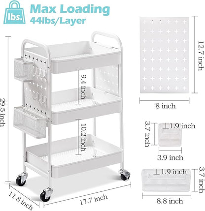 TOOLF 3-Tier Rolling Cart, Metal Utility Storage Cart with DIY Pegboards, Art Craft Trolley with Baskets Hooks, Serving Organizer Easy Assemble for Office, Home, Kitchen, Classroom (White)