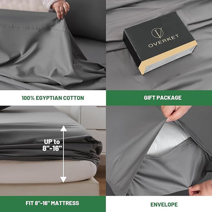 100% Egyptian Cotton Sheets Cal King Sheet Set 4PCS 1000 Thread Count Sateen Weave Soft Breathable 16-Inch Deep Pocket（California King,Dark Grey）