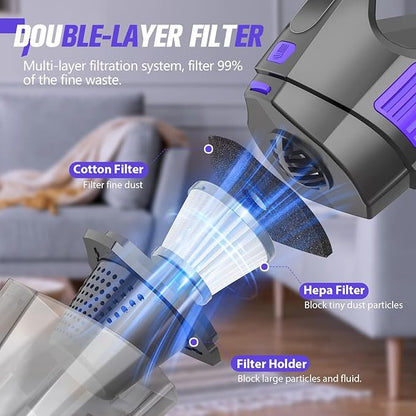 Handheld Vacuum Cordless Cleaner,Powerful Portable and Dust Buster Hand Vcauum Rechargeable with Large-Capacity Battery for CarPetOfficeHome (Dark Purple)