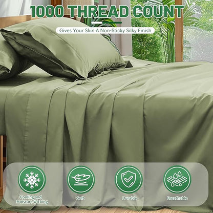 1000 Thread Count Egyptian Cotton Sheets Queen Size Set Sateen Weave Soft Breathable 16-Inch Deep Pocket 4PCS（Queen,Olive Green）