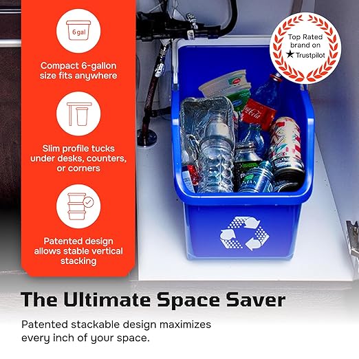 6 Gallon Stackable Recycling Bins for Homes, Garages, Offices Made of 100% Recycled Plastic - (Yellow, 12 Pack)