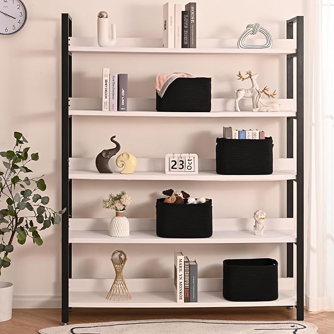 Black Storage Baskets for Shelves, Small Storage Baskets for Organizing, Woven Cotton Rope Baskets for Storage, Book Basket, Decorative Shelf Basket, 12.5"Lx9.1''Wx7.9''H (4 Packs) Black