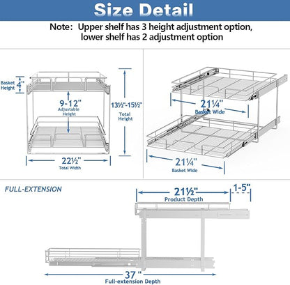 LOVMOR 2 Tier Individual Pull Out Cabinet Organizer 22½" W x 21½" D, Slide Out Kitchen Cabinet Storage Sliding Shelves